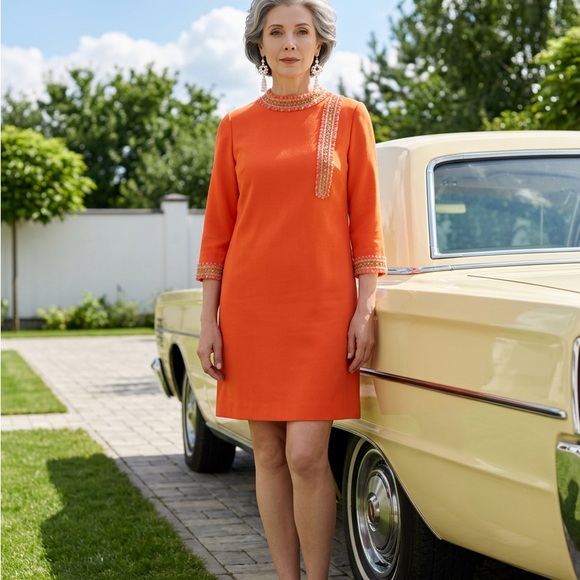Vintage Chic Orange Midi Dress with Gold & White Embellishment - Picture 3 of 10